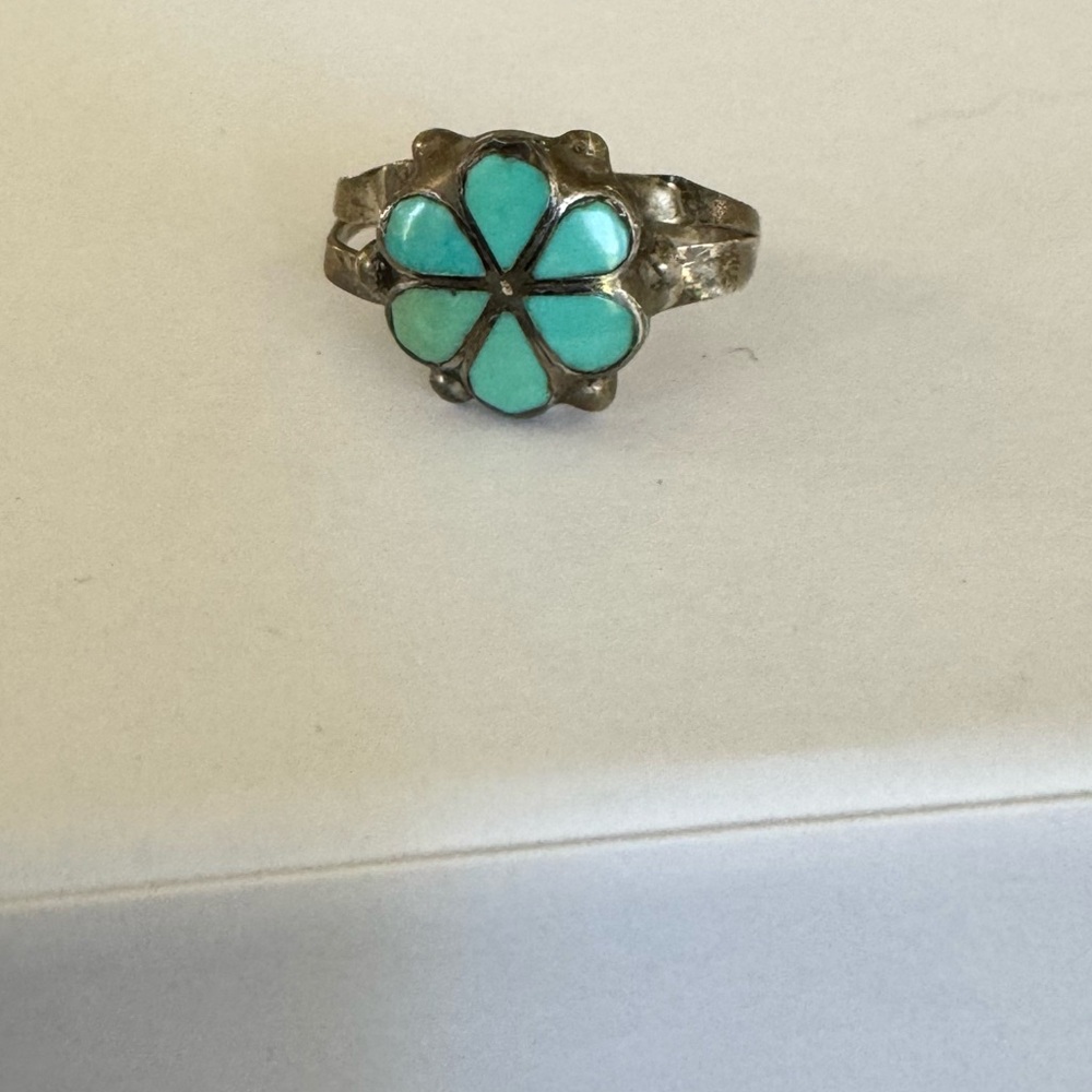 Turquoise Flower Silver Ring - image 1
